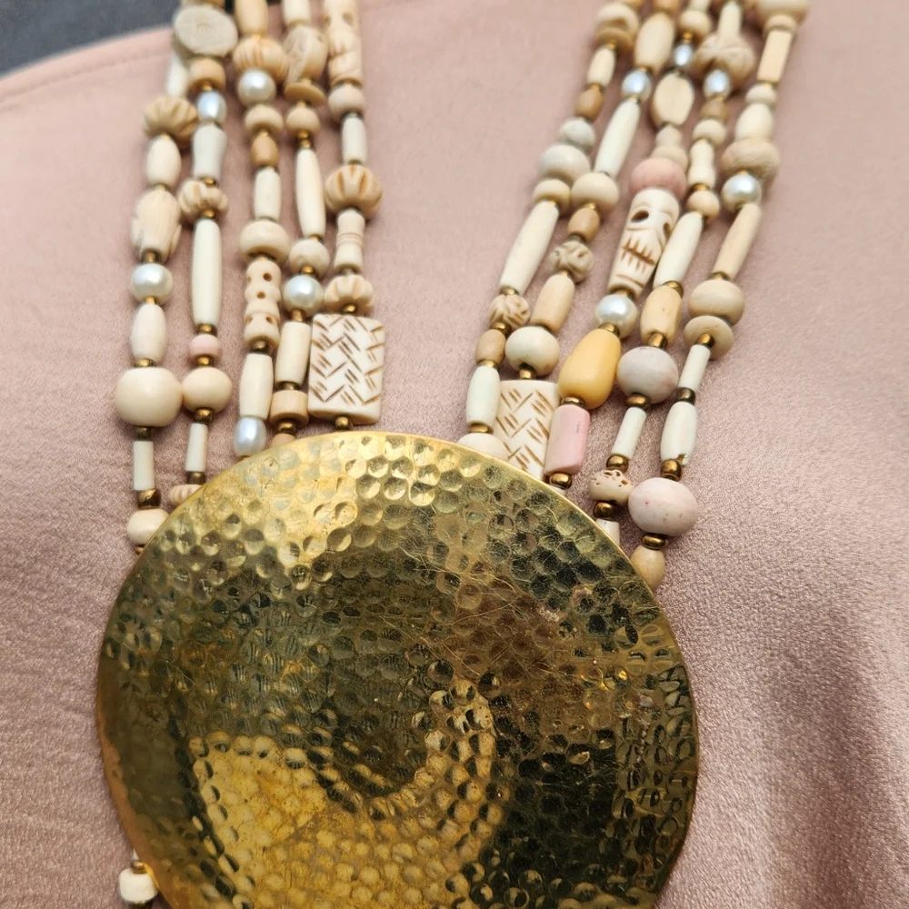 Neutral Beaded Statement Necklace with Bold Medallion ๐ - Picture 12 of 17